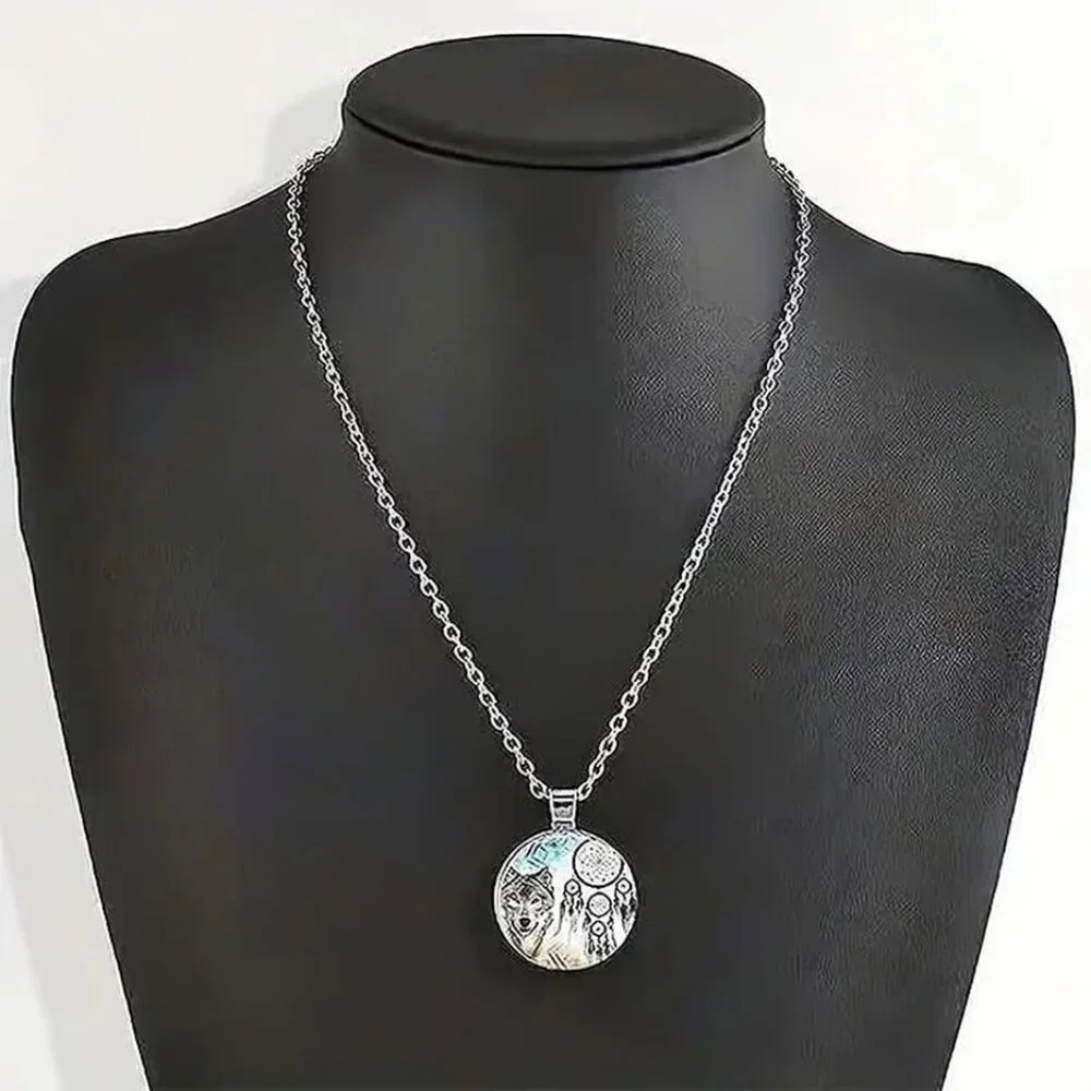 Silver WOLF Glass Cabochon Pendant Necklace
